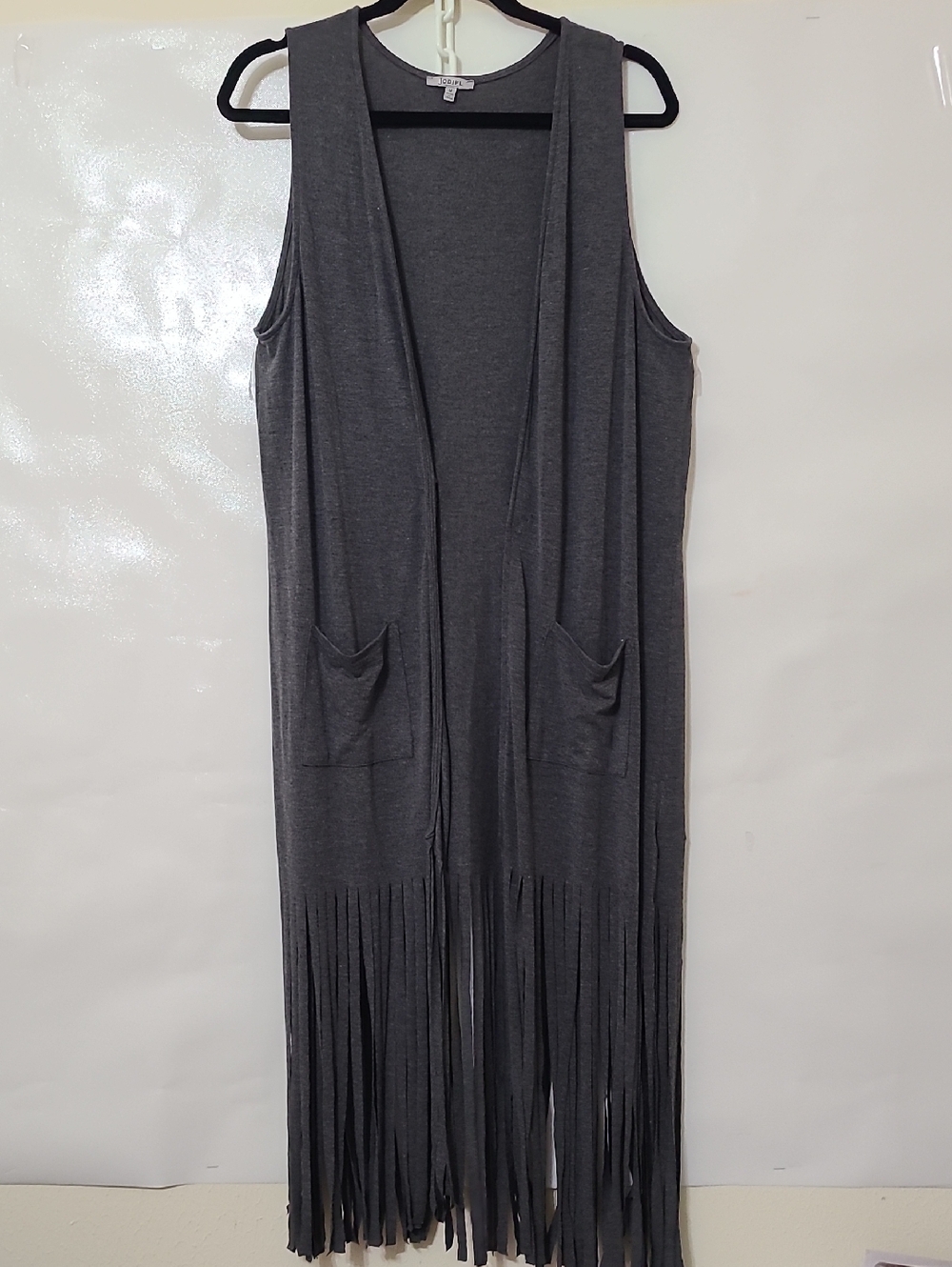 Jodifl Women's Sleeveless Fringe Duster Vest in Charcoal Gray - Size Medium